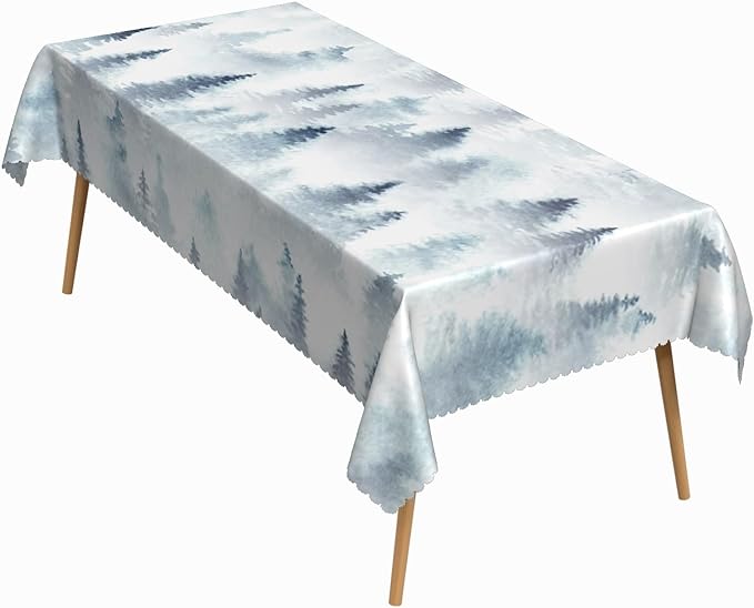 60x84 Inch Nordic Winter Nature Rectangle Tablecloth Misty Foggy Pine Trees Forest Table Cloth Waterproof Stain Resistant Table Cover for Kitchen Dining Picnic BBQ Home Holiday Party