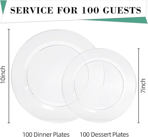 200PCS Clear Plastic Plates, Heavy Duty Plastic Plate Disposable, Include 50 Dinner and 50 Dessert Plates for Party and Wedding