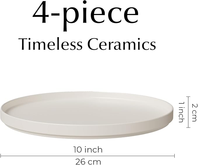 MIAMIO – Ceramic Dinner Plates Set for 4 People/Ceramic Dinnerware 4-Piece, Modern Stoneware, Dishwasher & Microwave Safe – Luxe Collection (White, 10 Inch)