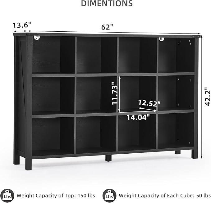 12 Cube Storage Organizer, Farmhouse 62 Inch Wide Black Oak Display Bookshelf, Wooden 3 Tier Large Open Book Shelf, Vintage Bookcase for Home Office, Cubby Cabinet for Living Room, Office