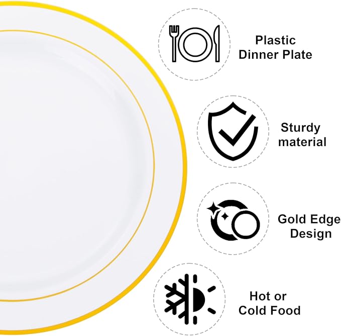 WELLIFE 72PCS Gold Plastic Plate, 10.25Inch Disposable Dinner Plate Party with Gold Rim, Heavy Duty Disposable Plastic Plates for Party, Wedding, Birthday