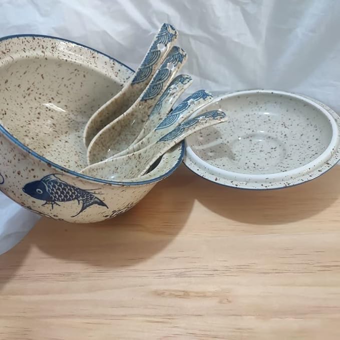 6.5 inch Retro Ceramic Ramen Bowl with Lid,Japanese Style Personalized Dinnerware For Noodle Rice Porridge Soup Fruit Sala (6.5inch, B)