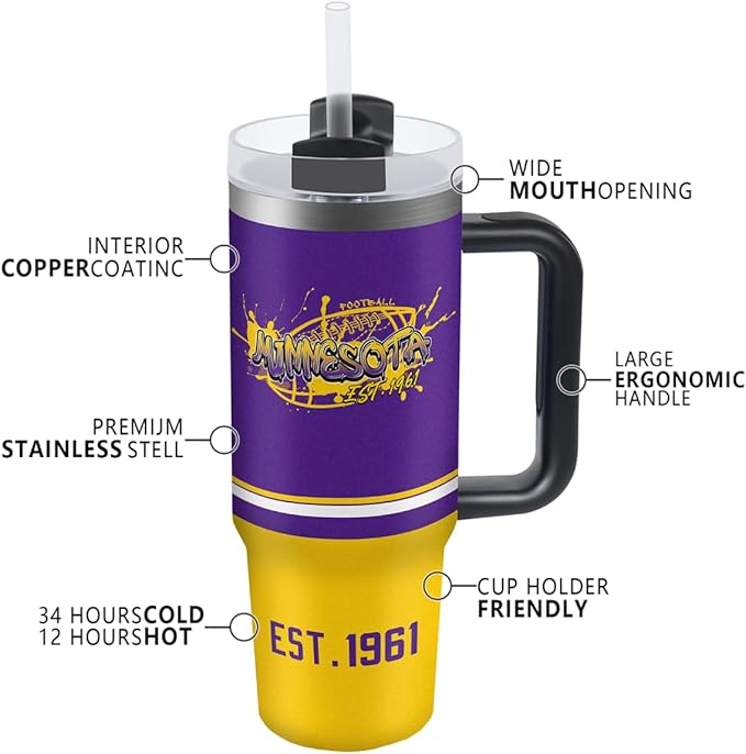Minnesota 30 oz Tumbler with Handle and Straw,Car cup,Coffee Mug,100% Leakproof Insulated Tumbler with Lid and Straw,Made of Stainless Steel,Cup Holder Friendly Base,Classic Collection Gifts for Fans
