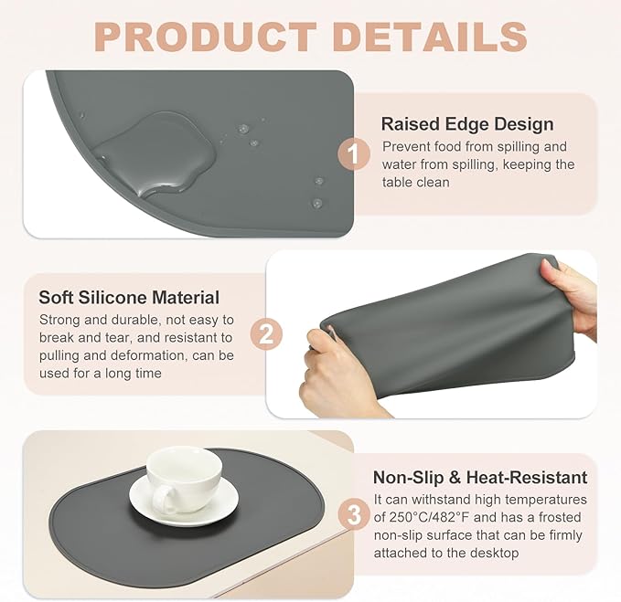 uxcell 4 Pcs Oval Silicone Placemat, 15.4" x 10.4" Non-Slip Washable Table Placemats Heat Resistant Waterproof Mat with High Edge for Table Kitchen Desk Protection, Dark Gray