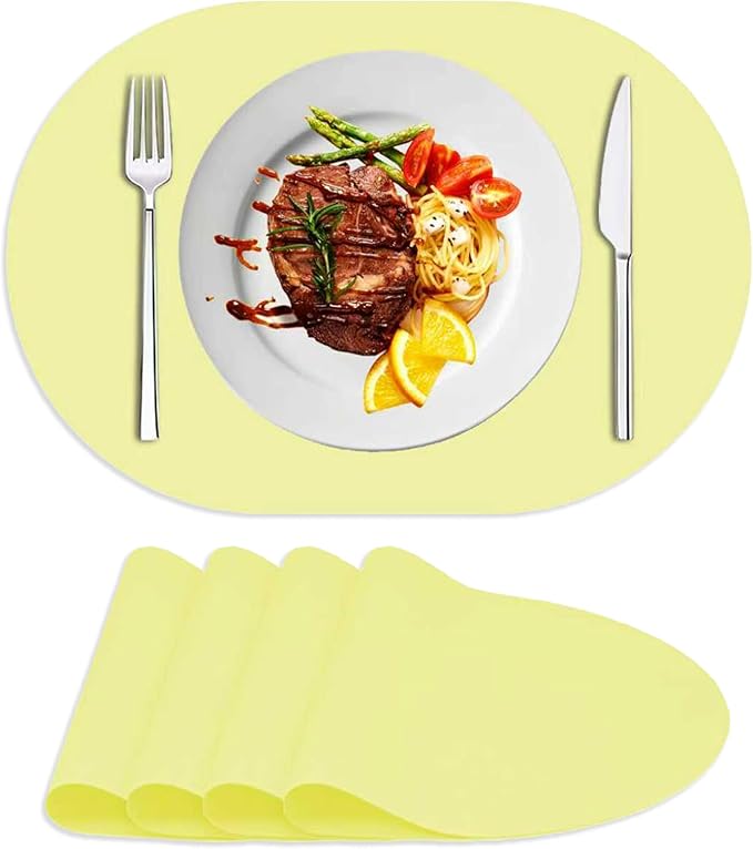 Oval Silicone Placemat Set of 4,Heat Resistant Placemats, Silicone Table Mats,Non-Slip Dining Mat for Home,Waterproof Easy Clean Kids Placemats,17"x12" Ultra-Thin Translucent (4Pcs, Yellow)