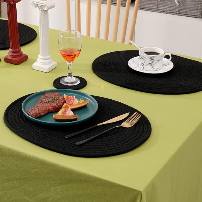 6 Pack Woven Placemats Fabric Tablemats, 12x16 inches Plate Chargers Cotton Weave Placemat Oval Braided Rattan Tablemats for Kitchen Dining Table Outdoor Party Wedding Decoration (Black)