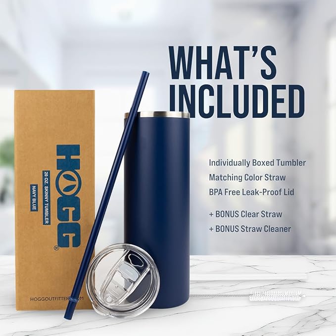 Hogg 20 oz Skinny Case (24 Units) - Navy Blue, Powder Coated Tumblers for Laser Engraving, Engravable Tumblers Bulk, Stainless Steel Cups Bulk, Insulated Cups with Lids and Straws