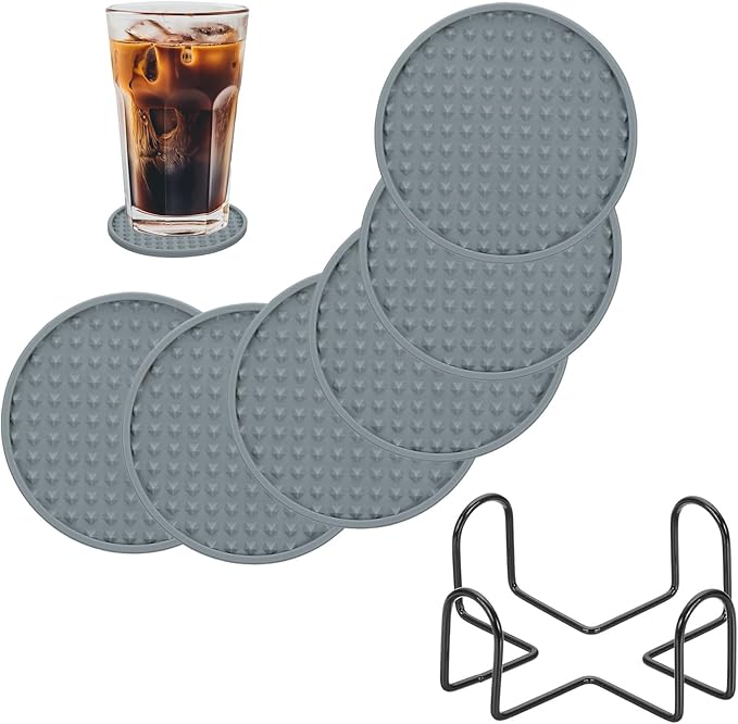uxcell Set of 6 Round Drink Coasters with Holder, 4" Silicone Coaster for Drinks Non-Slip Cup Coaster Heat Resistant Glass Cushion for Bar Kitchen Office Decor, Gray(Pentagon)