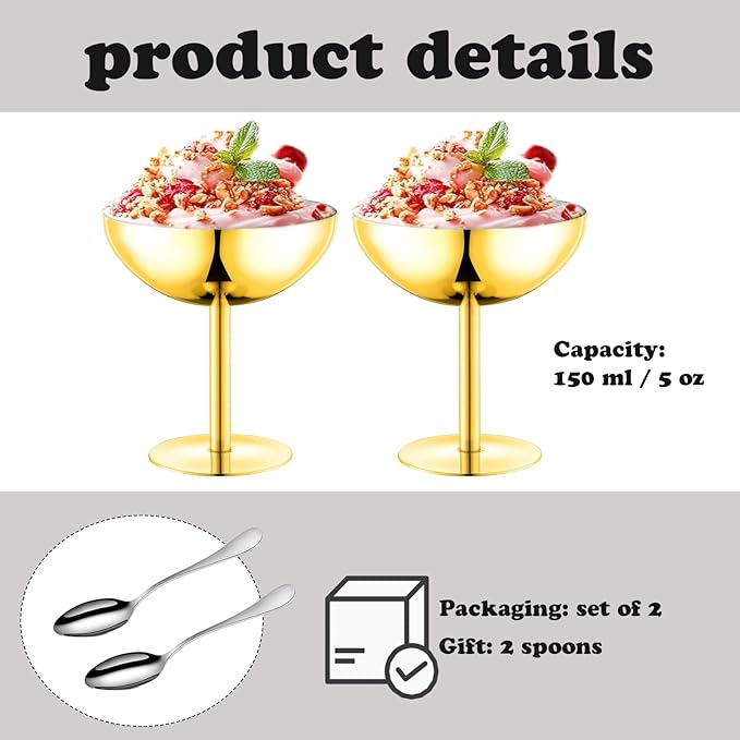 Ice Cream Bowls Stainless Steel Dessert Cups with Spoons Reusable Footed Sundae Cups Ice Cream Cups for Dessert, Frozen Yogurt, Gelato, Birthday Party Decorations (2, Glod)
