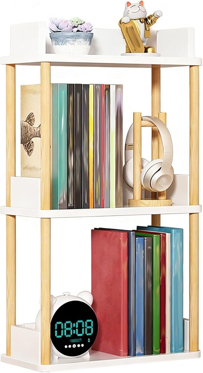 Desktop Organizer Shelf, Multi Tier Wood Tabletop Bookshelf, Space Saving Countertop Storage Rack for Office, Bedroom, Living Room(Warm White,11.8 * 7.8 * 26.7in)