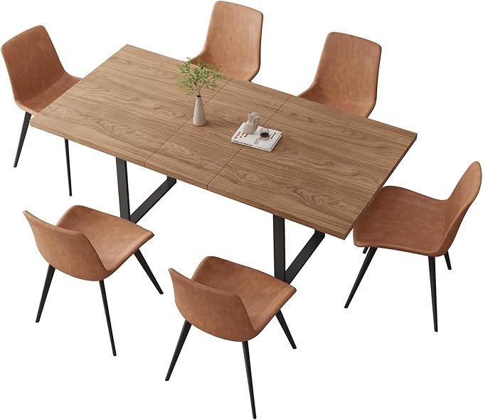 ZckyCine 67" Expandable Walnut Dining Table and 6 Upholstered Chairs, 7-Piece Dining Room Furniture Set, Mid-Century Modern Style for Home, Dining Room and Kitchen