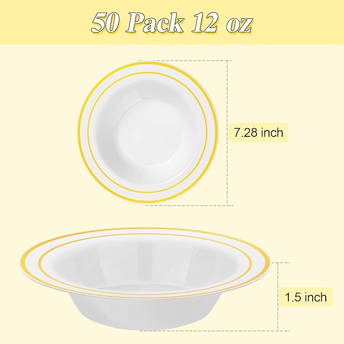 BESTSTAR 200 Pack Disposable Soup Bowls with Gold Rim, 12oz Premium Heavy Duty Plastic Dinner Bowls for Party, Wedding and Holiday