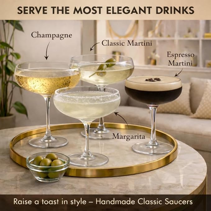 VEMACITY - Elegant Espresso Martini Glasses Set of 4 (10oz) - Classic Coupe Glasses for Martinis, Champagne, Margaritas | Handblown Crystal Cocktail Glassware | Ideal for Martinis and Cocktails