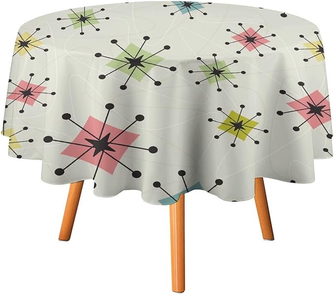 Retro Mid Century Round Tablecloth, Vintage Modern Colorful Abstract Geometric Art Bohemian Tablecloth for Home Party Dining Room Kitchen Decor 50Inch(127cm)