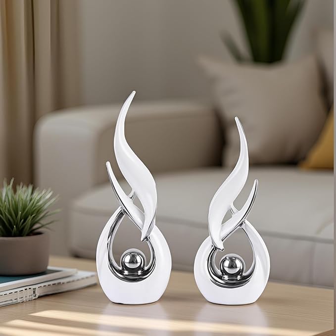 Gold Ceramic Abstract 2 Piece Statue Set,Mid Century Modern Abstract Art Home Decor Statue Mantelpiece on Unique Shelf Decor, TV Cabinet Divider Table top and Dining Table Centerpiece (White Silver)