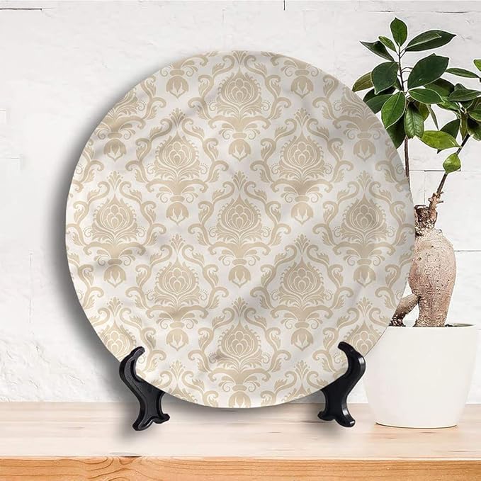 Ceramic Display Plate, Victorian Ceramic Hanging Decorative Plate, Flourishing Flowers Motif, 6 Inch, Living Room Kitchen Decoration Household, Golden