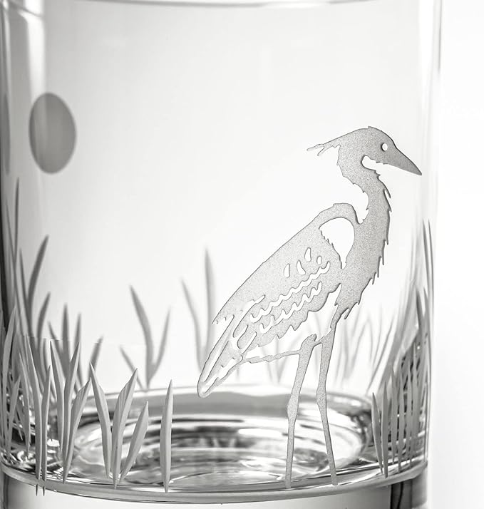 Rolf Glass Heron Double Old Fashioned Glass | 13oz Whiskey Glass | Lead-Free and Diamond-Wheel Engraved | Proudly Made in the USA | Coastal Glassware | Set of 4