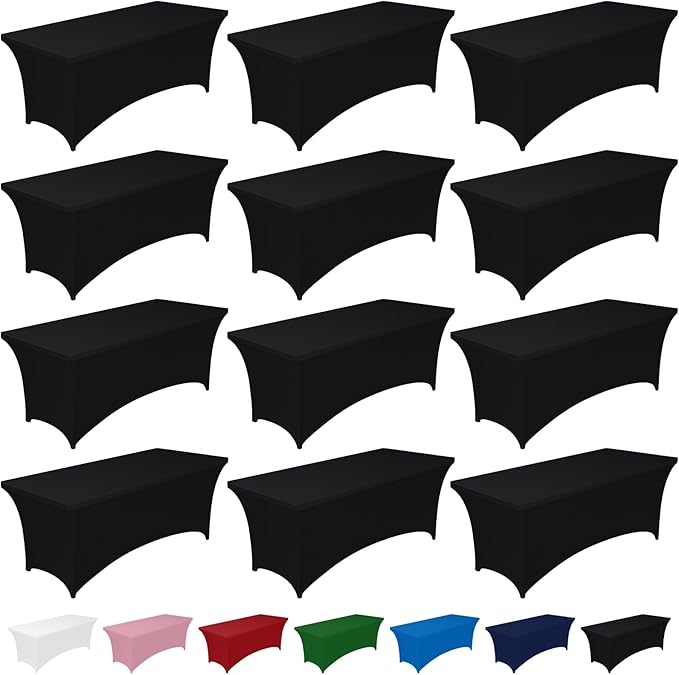 Pureegg Spandex Tablecloth 6ft - 12 Pack, Fitted and Tight Cloth for Rectangle Table, Wrinkle-Free and Stretch Table Cover for Party, Wedding, Banquet and Birthday, Black