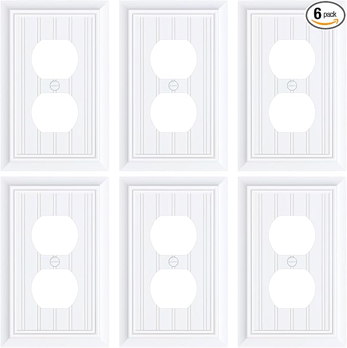 6-Pack Classic Beadboard Duplex Outlet Cover Plate, Decorative Switch Plates and Outlet Covers, Natural Bamboo Fiber Wall Plates for Electrical Outlets, 1 Gang Receptacle Cover,Pure White