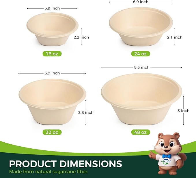 Heavy Duty 48 OZ [50 Pack] Disposable Bowls - 100% Sugarcane Fiber, Microwave Safe - Large Compostable Paper Bowls for Soup, Salad, Ramen, Popcorn