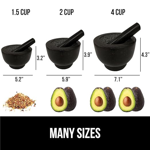 GORILLA GRIP Heavy Duty Mortar and Pestle Set with Slip Resistant Base, 2 Cup, 100% Granite Stone Molcajete Guacamole Bowl, Grind Seeds, Spices, Crush Garlic, Kitchen Muddler for Fresh Herbs, Black
