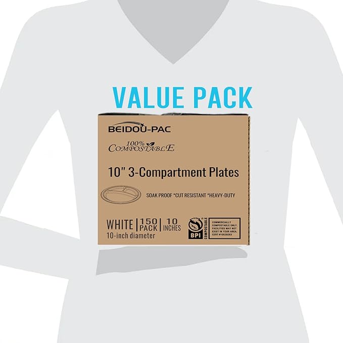 3 Compartment Compostable Heavy Duty Disposable Paper Plates, 150 Count | 10 Inch Round | Natural Bagasse, White Biodegradable Eco-Friendly School Lunch, Buffet, Party Sugarcane Tray