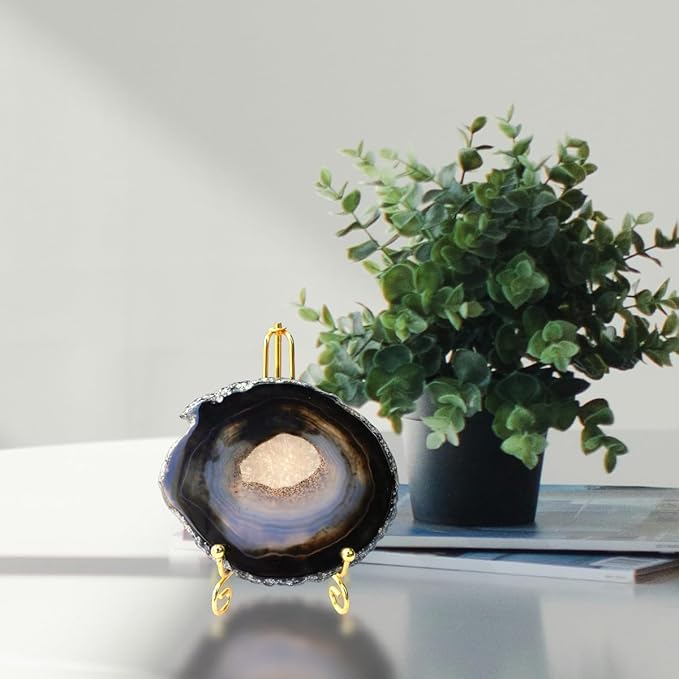 Black Agate Slices Geode Coasters Set of 4 with Rubber Bumpers - Unique 4-5 Inch Dyed Stone Drink Crystal Coasters Bulk for Home Decor, Coffee Table, Bar Accessories