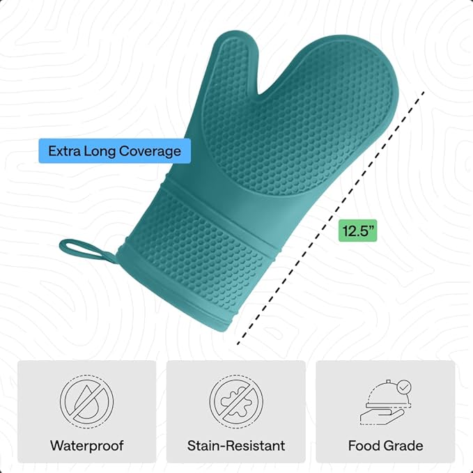 GORILLA GRIP BPA-Free Soft Silicone Oven Mitts, Heat Resistant and Waterproof Cooking Gloves, Thick Cotton Lining, Flexible Gripping for Baking Grilling, Kitchen Potholders Set, 12.5x8.3, Turquoise