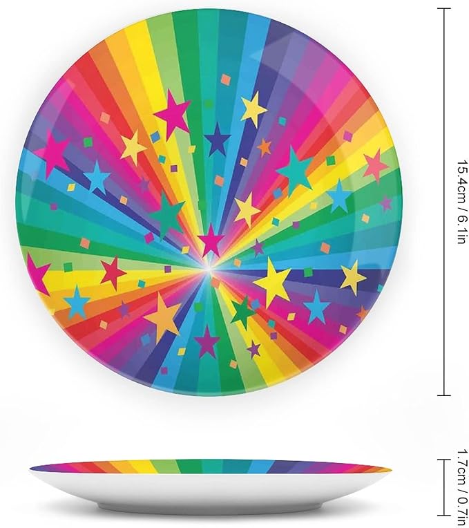 Decorative Plates, Abstract Decor Print Ornament, Abstract Rainbow and Stars Confetti Rays Striped, 8 Inch, Kitchen Wall Decor, Multy