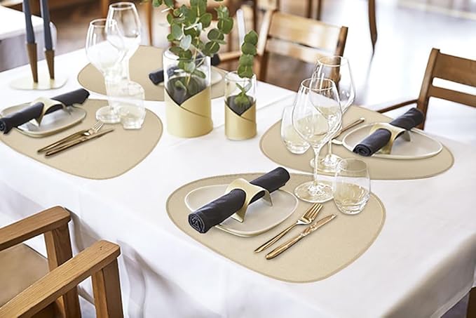Faux Leather Placemats Set of 2 and Coasters, Heat Resistant Placemats for Dining Table, Waterproof Wipeable Washable Dinner Table Mats, Easy to Clean Kitchen Place Mats Romantic Golden