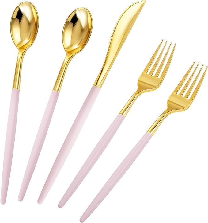 Rubtlamp 90Pcs Gold Plastic Silverware, Valentine's Day Utensils Set With Pink Handles Include 30 Gold Knives, 60Plastic Forks and Spoons, Pink Silverware Heavy Duty For Mother's Day