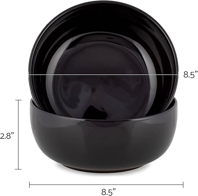 Elanze Designs Bistro Glossy Ceramic 8.5 inch Large Serving Bowls Set of 2 - Perfect for Multiple Everyday Uses: Pasta, Salad, Ramen, Soup, Popcorn, Noodles, Cereal and Mixing Bowls, Black