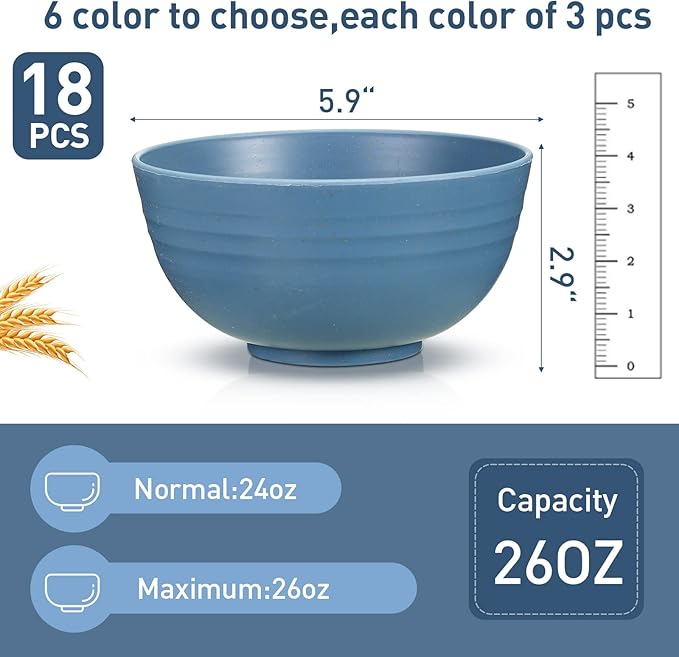 Geosar 18 Pcs Unbreakable Cereal Bowls 24 Oz Microwave and Dishwasher Safe Wheat Straw Fiber Lightweight Bowl for Soup Kitchen Serving Salad Dishes Oatmeal(Soft Colors)