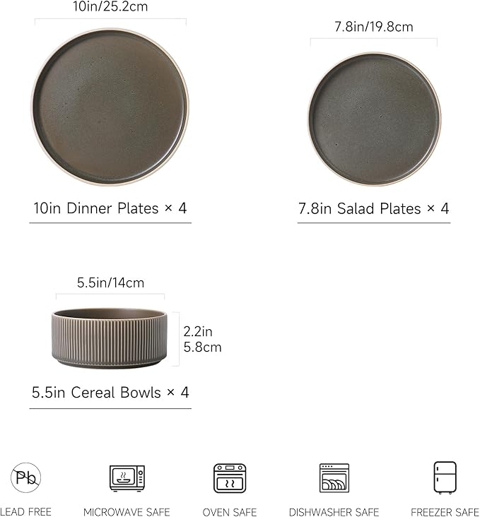 Dinnerware Set Service for 4, 12-Piece Ceramic Plates and Bowls Set, Chip & Scratch Resistant, Microwave and Dishwasher Safe, Modern Minimalist Tableware for Everyday Use, Matte Green