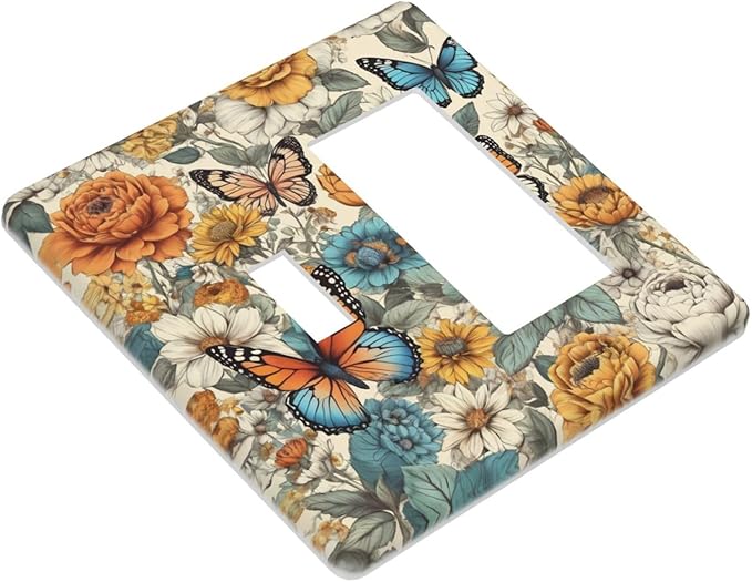 Light Switch Cover Vintage Colorful Floral Butterfly Flowers 2 Gang Toggle Rocker Combo Socket Cover Wall Plates Decorative Switch Plates and Outlet Covers for Bathroom Bedroom Decor