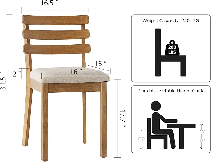 Vintage Farmhouse Dining Chairs with Ladder Back, French Country Dining Chairs Wood, Fabric Upholstered Dining Chair of 2