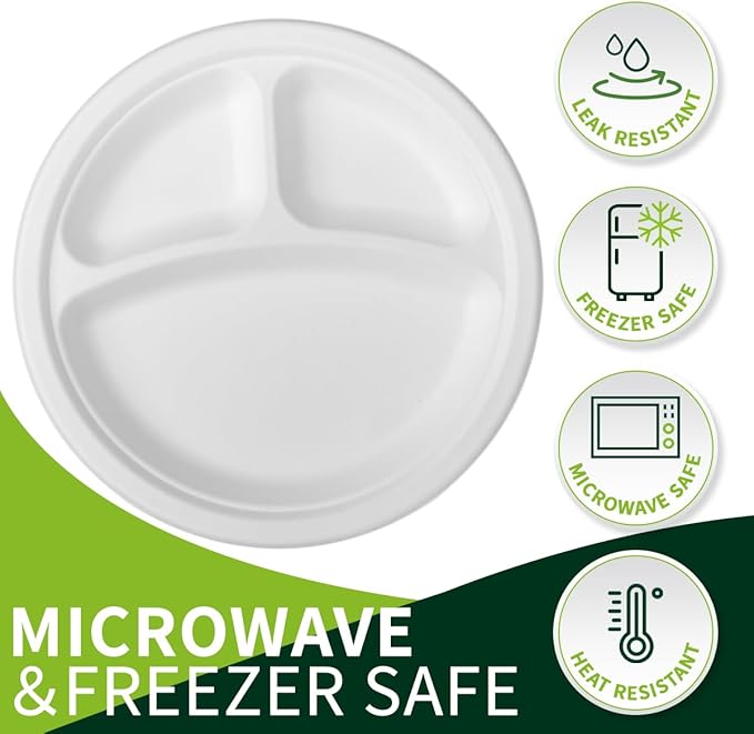 10 Inch 3 Compartment Paper Plates 【White 150 Pack】, Compostable Divided Plates, 100% Sugarcane Bagasse, Heavy Duty Disposable Plates for Party, BBQ, Picnic, Catering