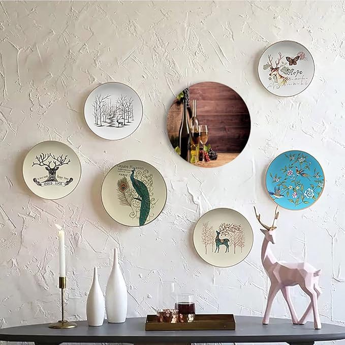 Ceramic Display Plate, Wine Ceramic Hanging Decorative Plate, Still Life of Wine with Wooden Keg Rustic, 6 Inch, Living Room Kitchen Decoration Household, Brown Green Light Brown