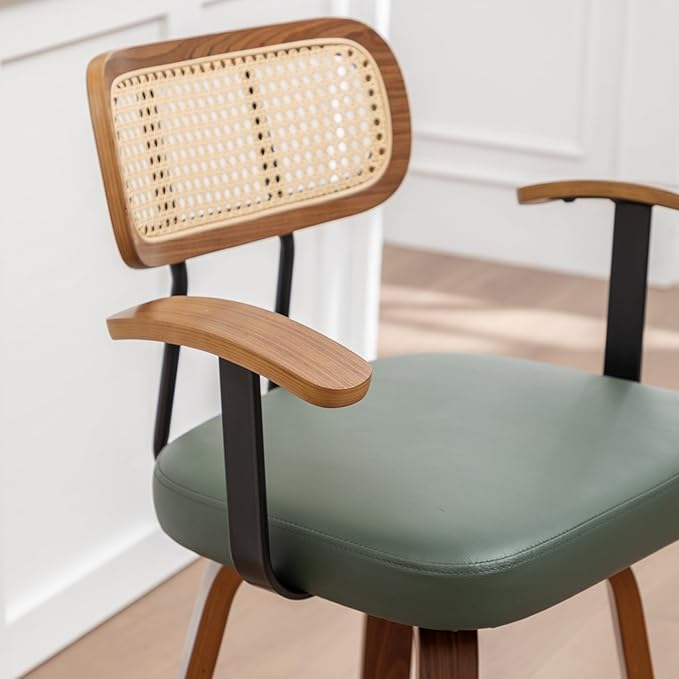 Rattan Swivel Bar Stools Set of 2,Green Faux Leather Counter Height Barstools with Arms Rattan Backrest/Wooden Legs,Mid Century Modern Bar Chairs for Kitchen/Dining Room/Bar