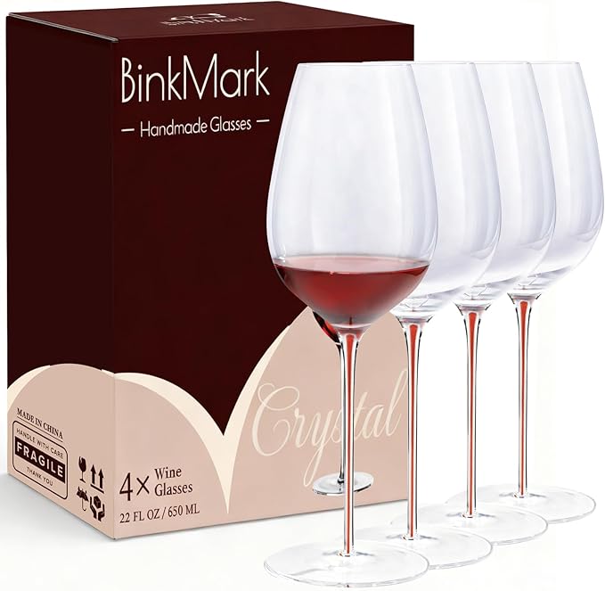 Red Wine Glasses Set of 4, 22oz, Hand Blown Premium Crystal Wine Glasses, red Stem,Thin Rim, Perfect for Red or White, Daily Use,Unique Wedding Anniversary or Birthday Gift