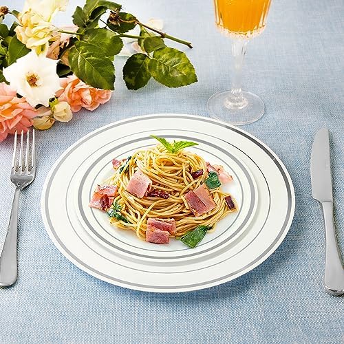 SETUP Case of 300 White Silver-Rimmed Plastic Plates - Premium Heavy-Duty Disposable Combo for Weddings and Parties - 150 10.25" Dinner and 150 7.5" Salad Plates - Image 3