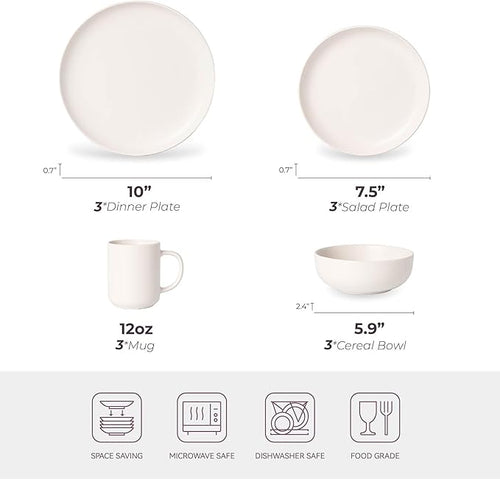 12-Piece Stoneware Dinnerware Set with Mugs | Microwave and Dishwasher Friendly | Stackable Matte Glaze Plates & Bowls | Service for 3 (White for 3)