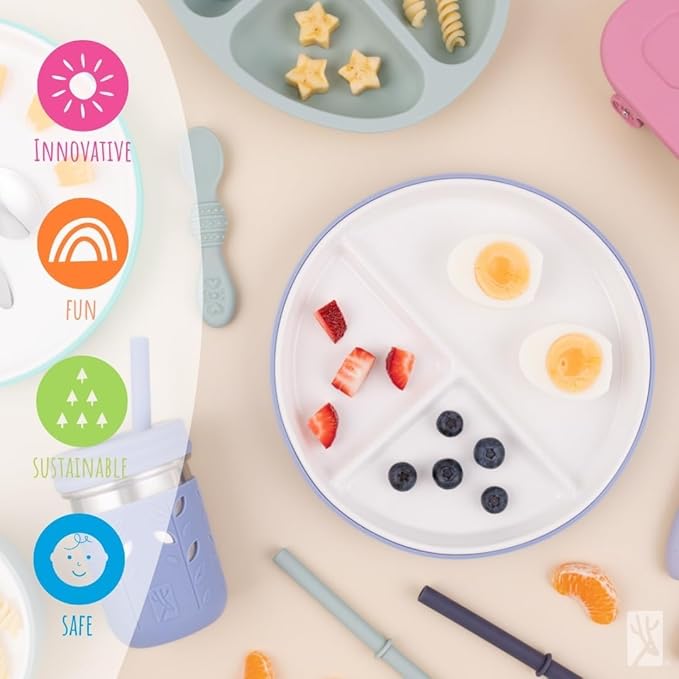Elk and Friends Kids 6.7” Porcelain Divided Plates with Silicone Sleeves + Silicone Lids | Suitable for Babies/Kids/Toddlers | Microwave & Dishwasher Safe | Non Slip | Snack Dishes