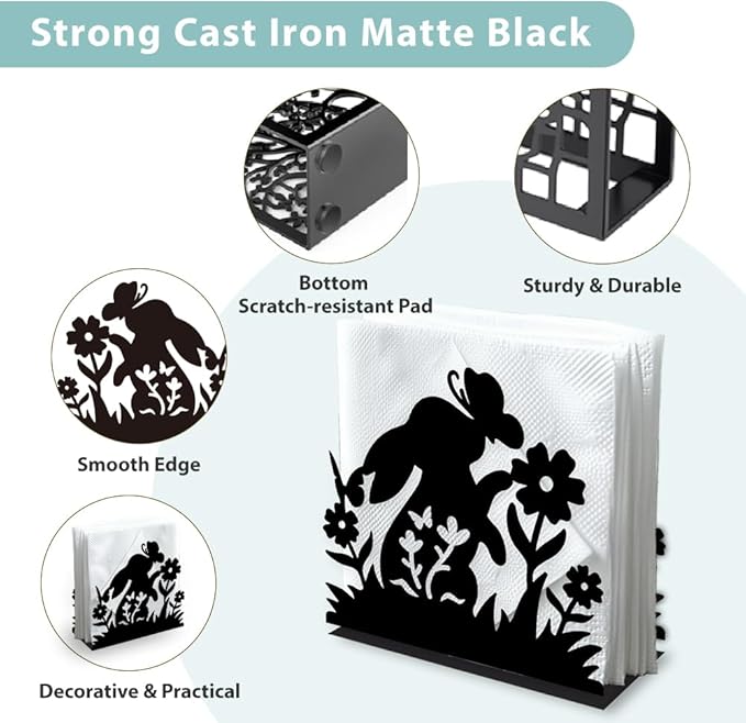 Rabbit Flower Decorative Black Metal Napkin Holder for Table, 5.3" x 4.9" x 1.9" Bunny Butterfly Animal Standing Napkin Holder for Home Kitchen Restaurant Picnic Party Coffee Bar Dining Room