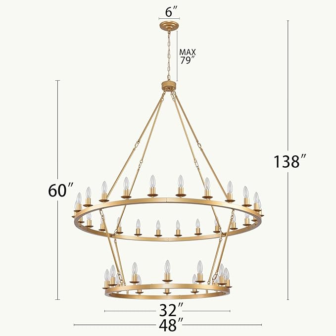 48 Inch 2 Tier Gold Extra Large Wagon Wheel Chandelier 36-Lights Farmhouse Industrial Round High Ceiling Pendant Light Adjustable Chain, for Dining Room, Living Room