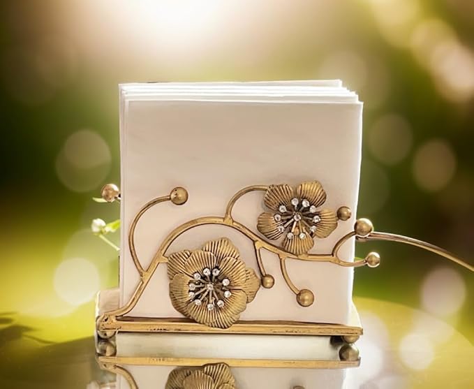 Gold Orchid Blooms Napkin Holder| Exquisite Orchid Flowers & Faux Crystals Design| Vertical Iron Metal Disposable Tissue Paper Towel Tabletop Dispenser Organizer| Bathroom Kitchen Hotel
