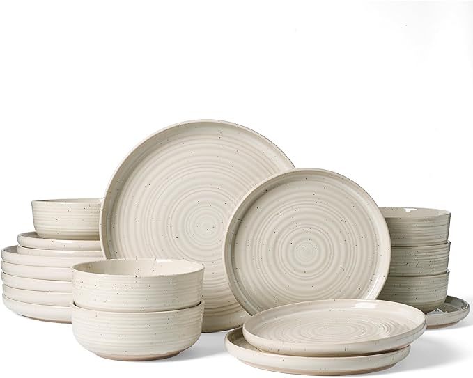 Plates and Bowls Sets for 6 (18-Piece) Stoneware Reactive Glaze Dinnerware with Speckles & Spirals, Chip and Scratch Resistant Flared Dishes Set with Gift Box, Microwave Dishwasher Safe, Shell Beige