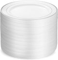 Munfix 100 Silver Plastic Dinner Plates Set, 10.25 Inch Disposable Heavy Duty Fancy Elegant Wedding Party Plates, White with Silver Rim