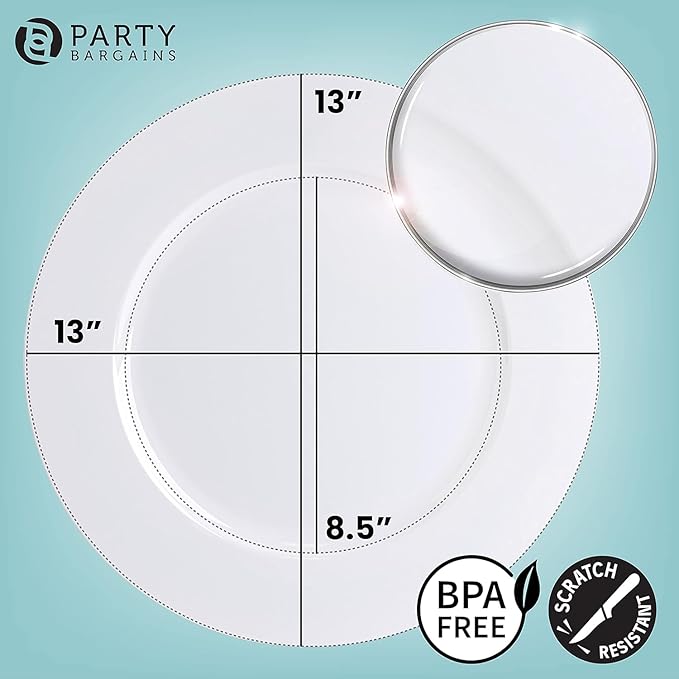 PARTY BARGAINS 13-Inch Charger Plates - 16 Pack, White, Heavy-Duty Disposable Chargers for Elegant Dining - Ideal for Weddings and Formal Events