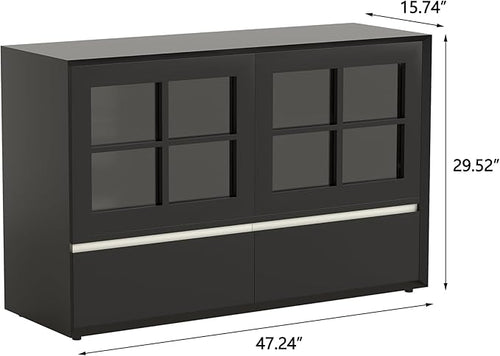 47.24" Solid Wood Storage Cabinet Organizer with Glass Doors & Drawers, Black Sideboard Buffet Cabinet for Living Room, Dining Room, Entryway, Kitchen & Home Office